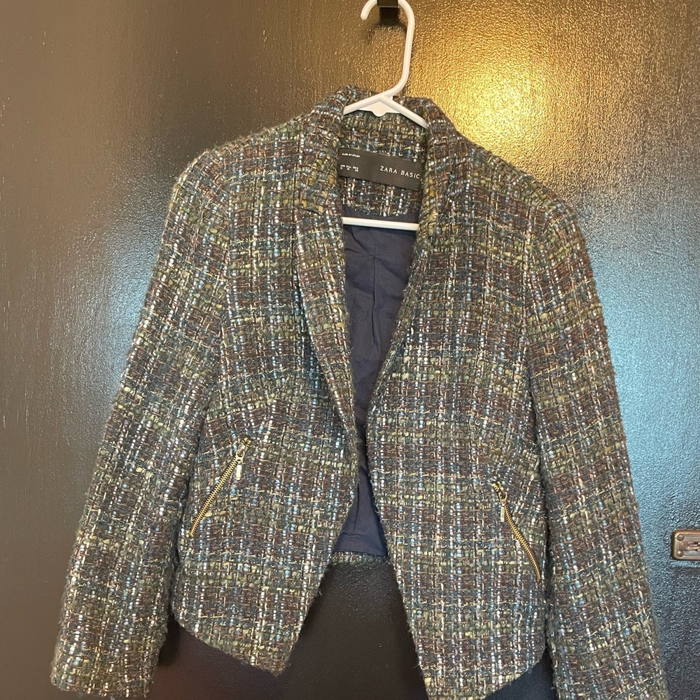 ZARA TWEED GREEN METALLIC GOLD OPEN FRONT WOOL BLEND BLAZER JACKET SIZE M